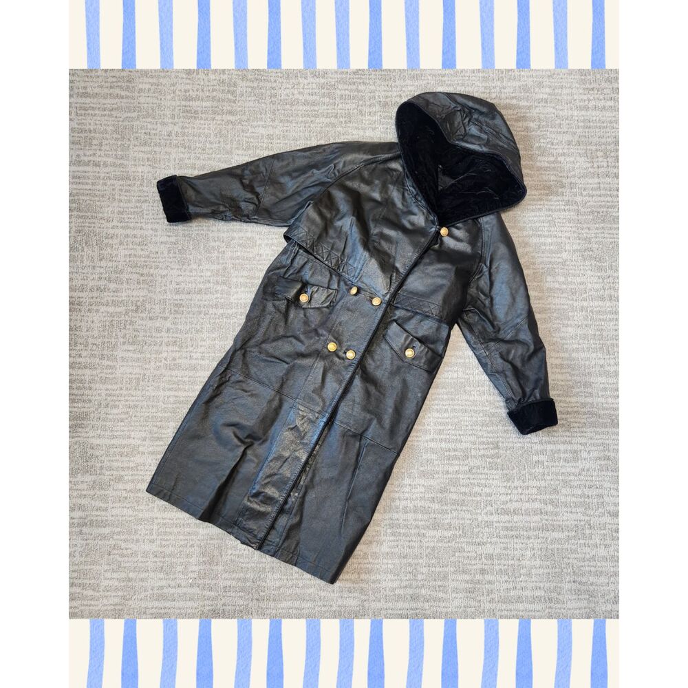 Vintage Middlebrook women Park Black Leather Trench Parka Coat Hooded M